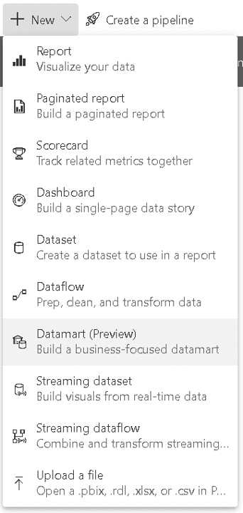 An image showing the New menu with Datamart (Preview) selected