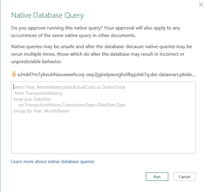 An image showing the Native Database Query and the Run button