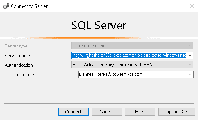 An image showing the Connect to Server dialog for SQL Server