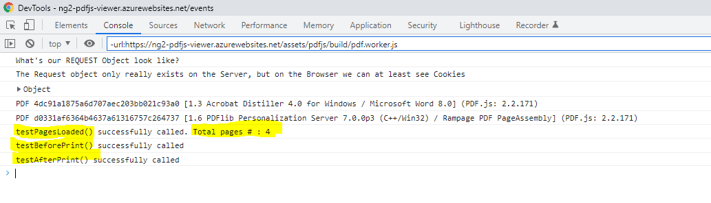 Image showing screenshot of DevTools. Important part highlighted: testPagesLoaded Total Page #4. TestBeforeProject, TestSfterPrint