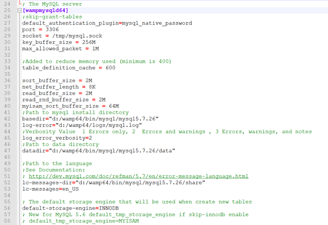 Image showing the my.cnf file partial contents. 