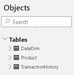 An image showing Objects --> Tables. DateDim, Product, TransactionHistory