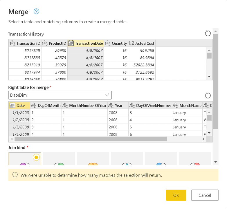 An image showing the Merge dialog. TransactionHistory and right table is DateDim. Join kind is left join