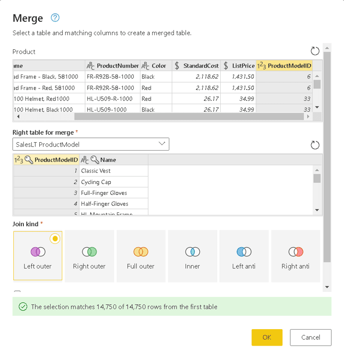 An image showing the Merge dialog. Select a table and matching columns to create a merged table. Product table with several rows returned. Right table for Merge SalesLT ProductModel. Join kind Left outer