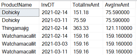 Same rows returned as last image, but this time they are sorted by ProductName and InvDt