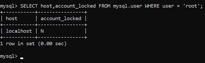 Image with query SELECT host, account_locked FROM mysql.user where user = 'root'; and results localhost, N