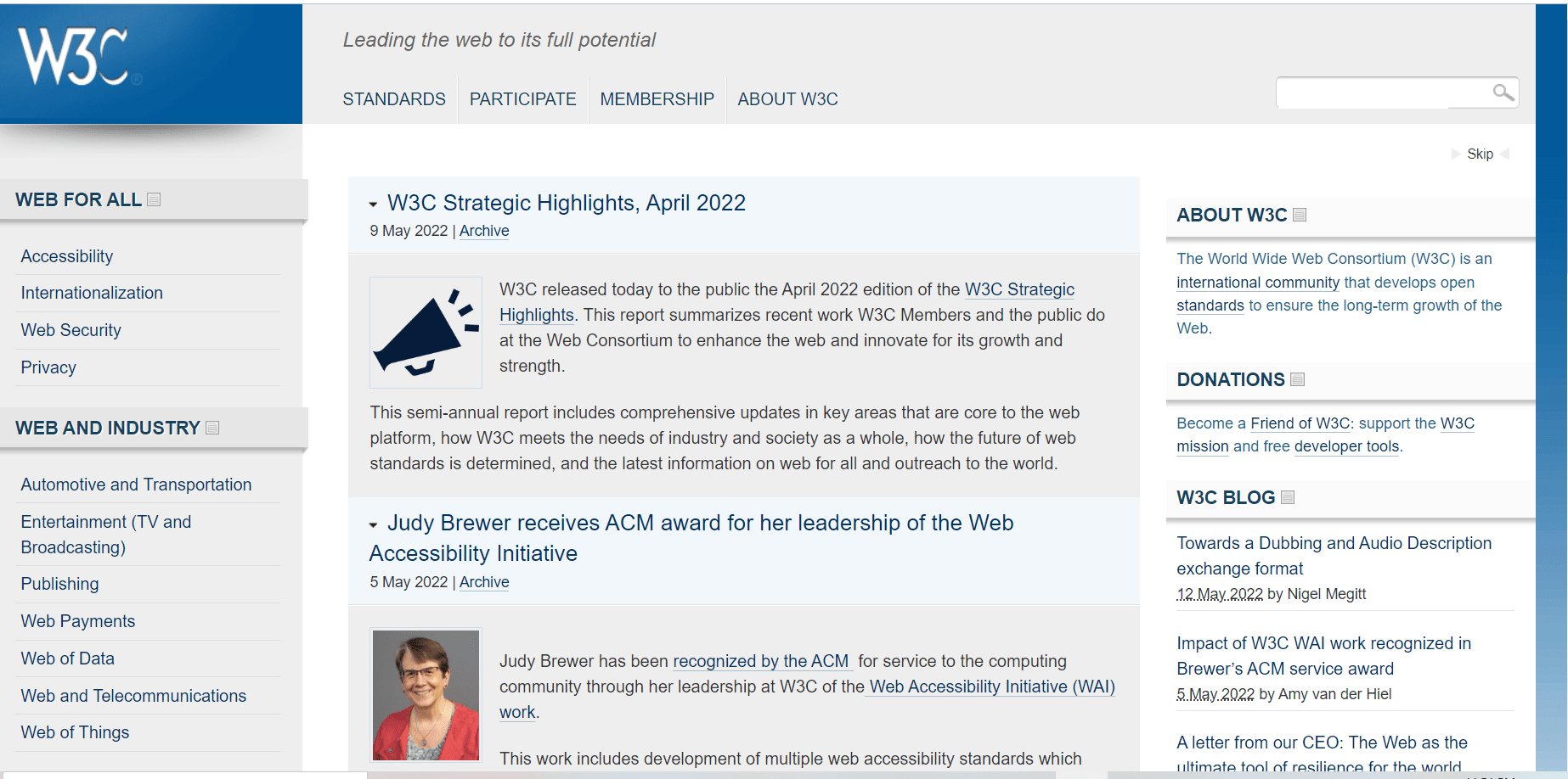Screengrab of W3C website, an example of web accessibility