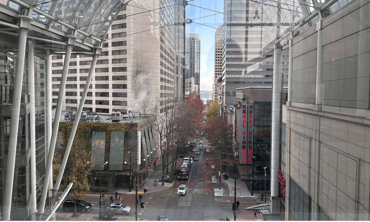 A view from a window of a city street

Description automatically generated