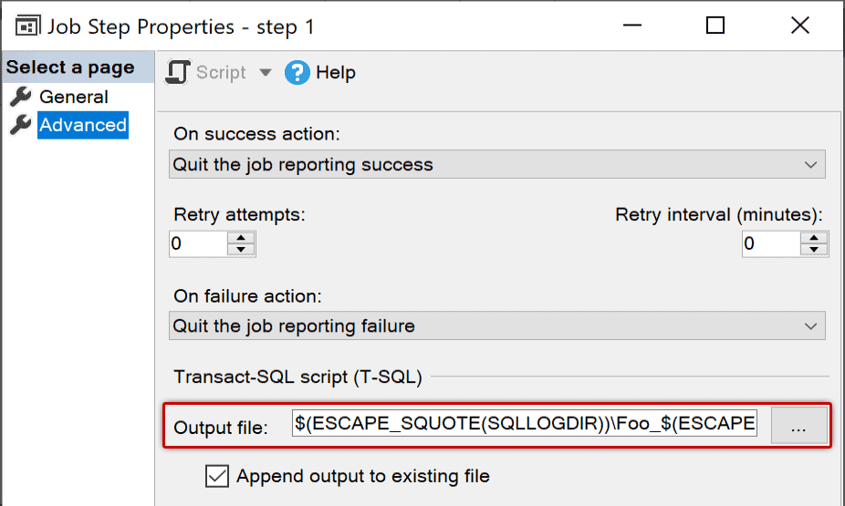 Job Step Advanced Properties dialog