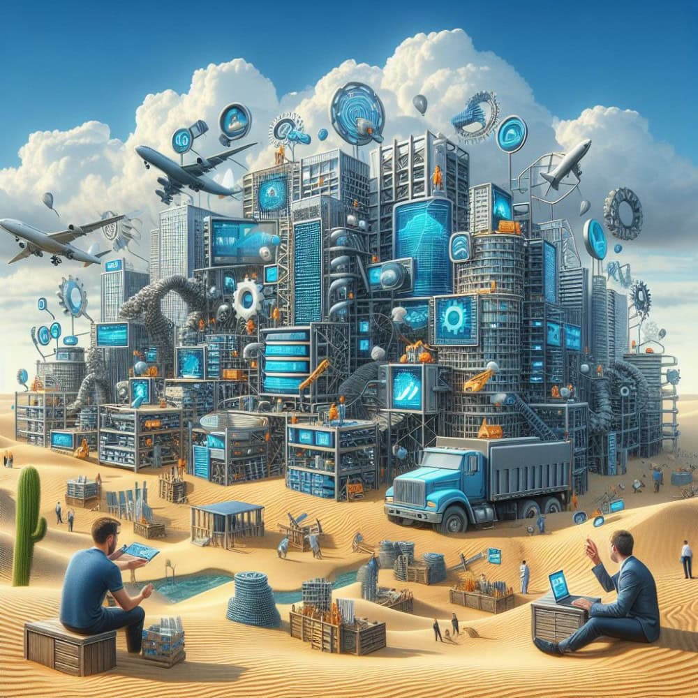 A person sitting on sand with a city in the background Description automatically generated