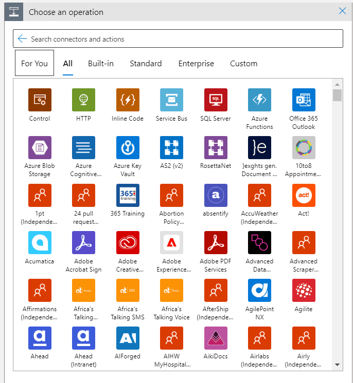 a list of icons of various services supported by Azure Logic Apps
