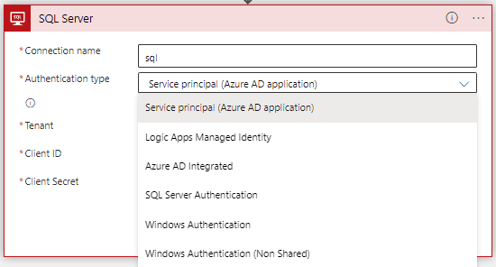 a list with different authentication options you can choose from for SQL Server