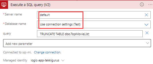: a Logic App action for executing SQL queries. The server name says “default” and the database name says “use connection settings” with “Test” between brackets