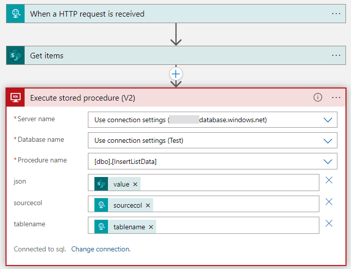 a logic app with three actions. One HTTP trigger, a SharePoint action, and a SQL Server Execute Stored Procedure action