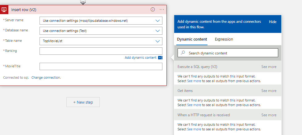 a pop-up for dynamic content appears, allowing you to select output from previous actions, or the option to write an expression