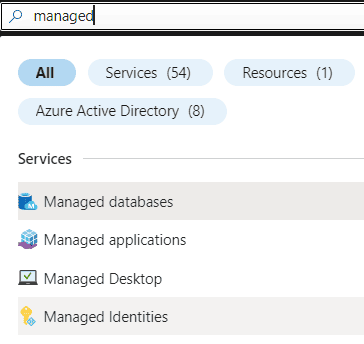 A search box with the search word “managed”. In the results, managed identities are listed under services