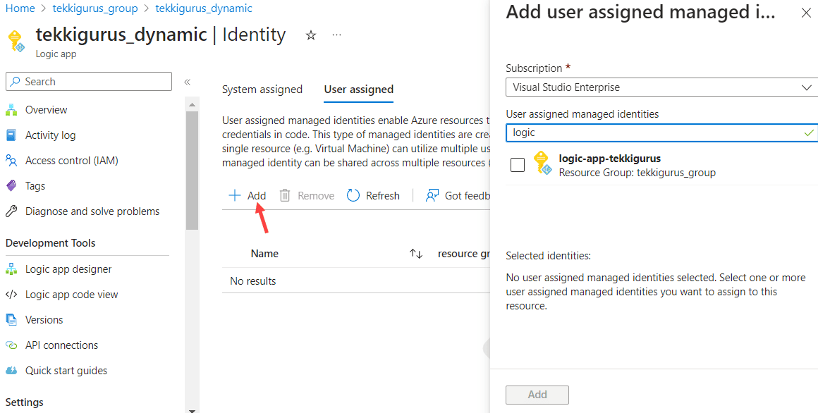 after clicking on Add, you can search for the user assigned managed identity and add it to the logic app