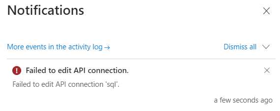 an error screen with the message “failed to edit API connection”