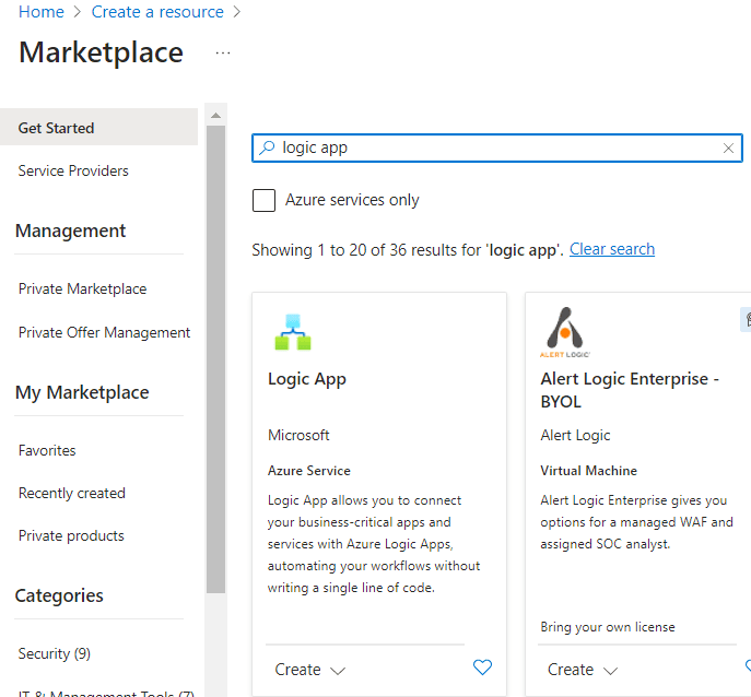 azure logic app in the marketplace