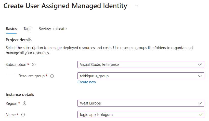 configuration screen of a user assigned managed identity. You need to specify a subscription, resource group, location and name