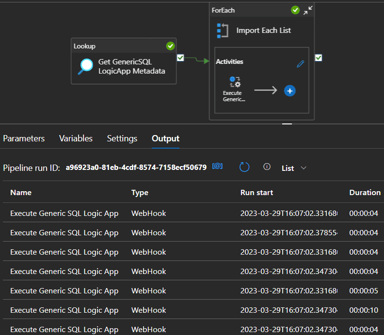debug run of ADF, where the loop has multiple executions of a webhook