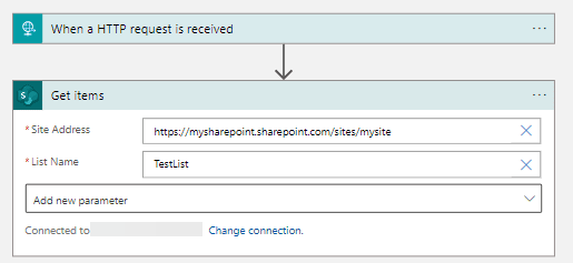 get items action configured with site and list names