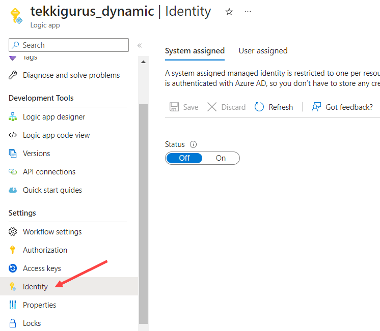 identity settings for the logic app. By default the system assigned section is shown