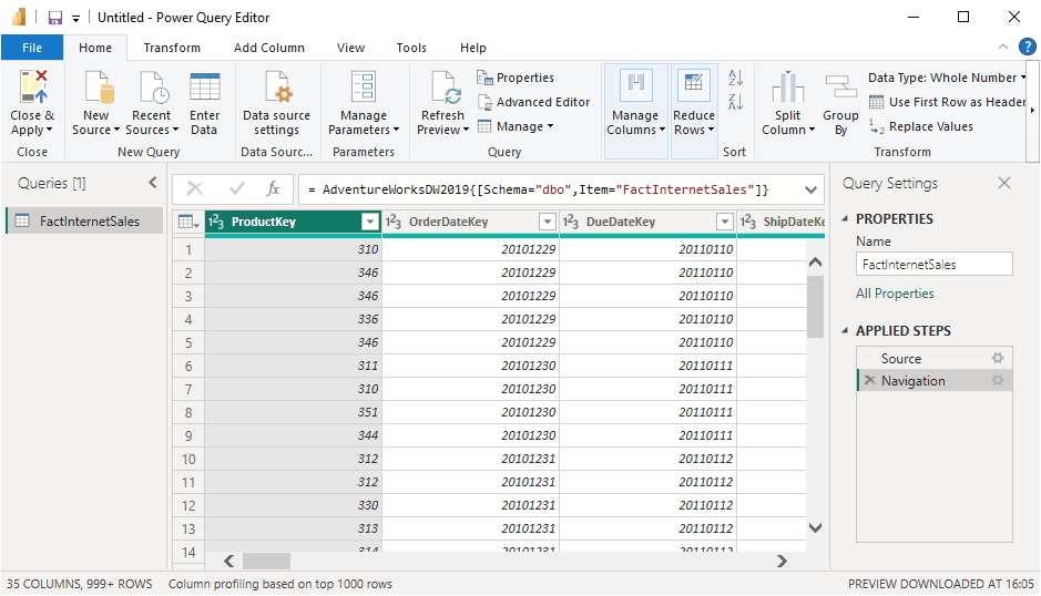 importing the fact internet sales table with power query