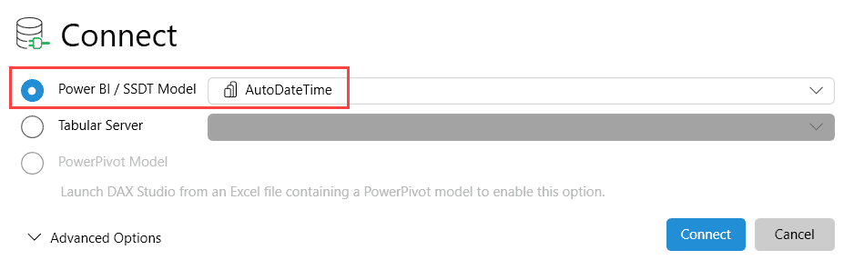in DAX Studio, select your model from the dropdown list for power bi/ssdt model