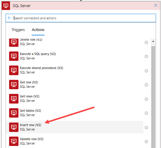 list of sql server actions. Insert Row is the one we need.