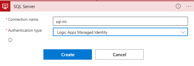 new connection configuration, with the name “sql-mi” specified and the authentication type set to Logic Apps Managed Identity