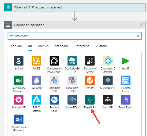 selecting the sharepoint connector
