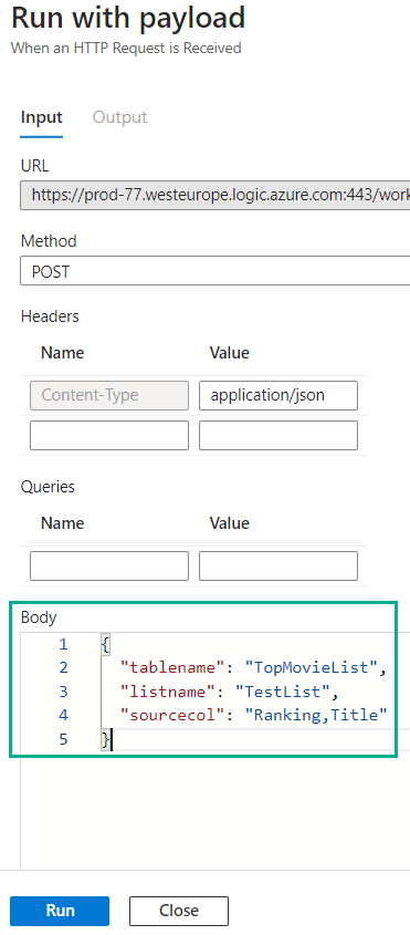 specify the json payload to trigger the logic app