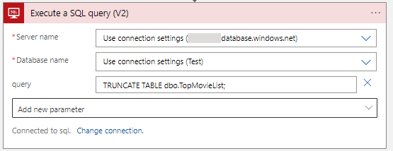 sql action configured with truncate table statement