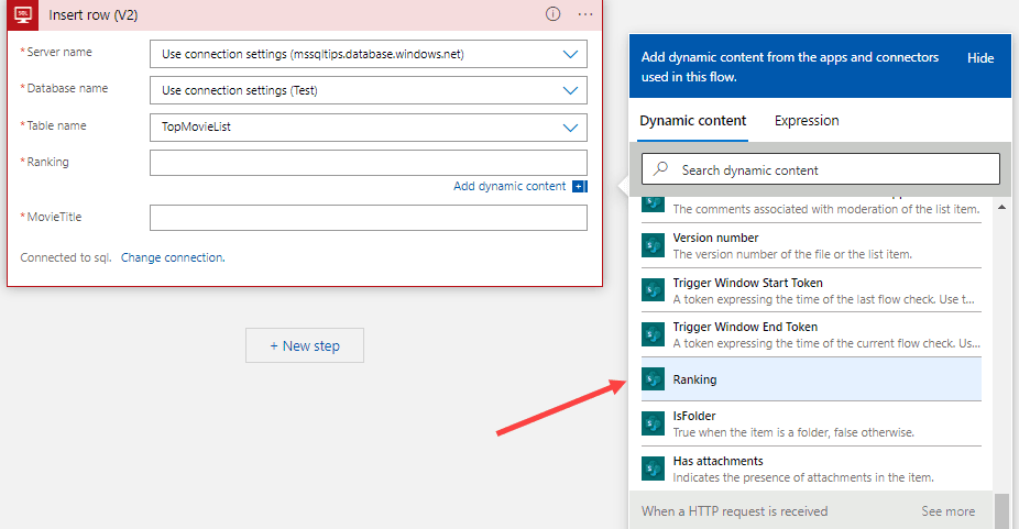 the dynamic content now displays all fields from the get items action. Ranking is the one we need to select