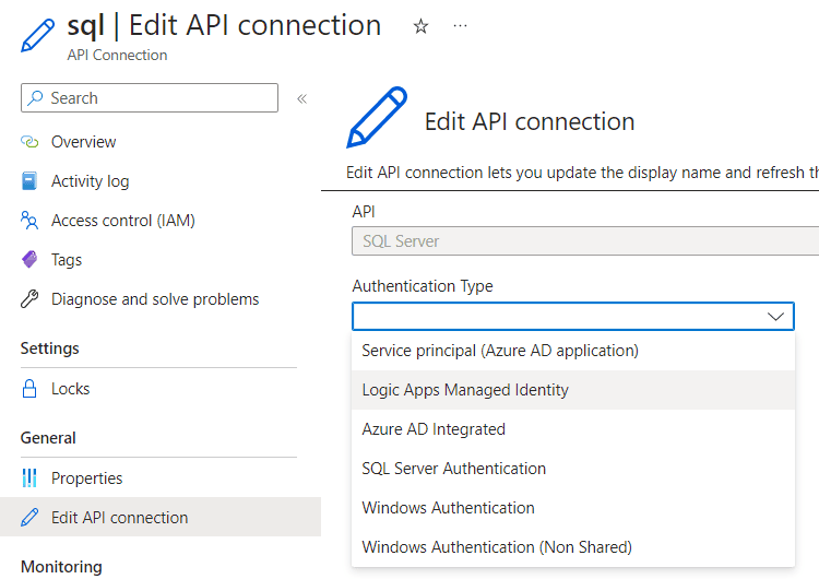 the edit screen of an API connection, with a dropdown for authentication type
