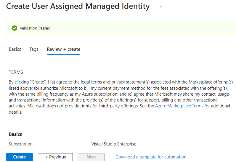 the final screen of the managed identity creation process. When clicking create, the identity will be provisioned