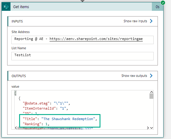 the get items action shows the items of the list in the output window in json format, with many metadata columns added by SharePoint