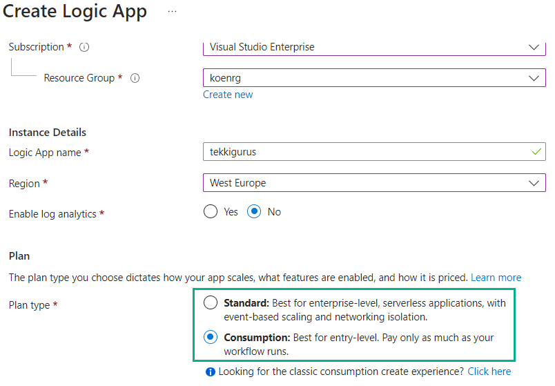 the logic app creation screen. You can choose between the standard and consumption plan type.