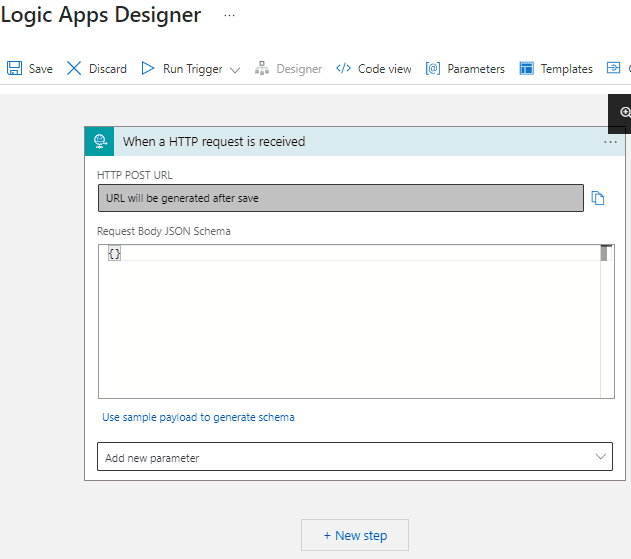 the logic app designer canvas with http trigger