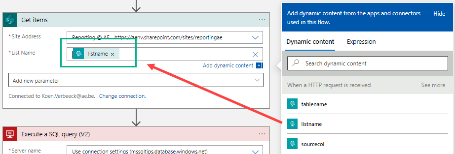 use the listname from the request body as dynamic content in the action