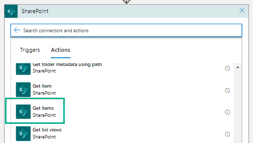 we see all built-in actions for the sharepoint connector. to get data from a list, we need the "get items" action