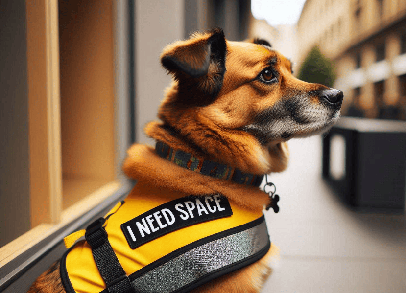 A dog wearing a vest Description automatically generated