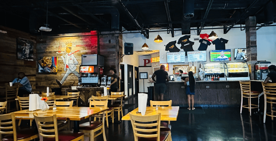 A restaurant with tables and chairs

Description automatically generated