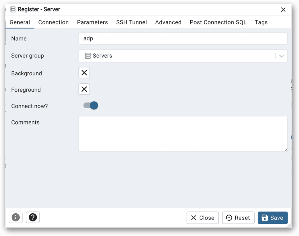 The Register - Server dialog box in pgAdmin.