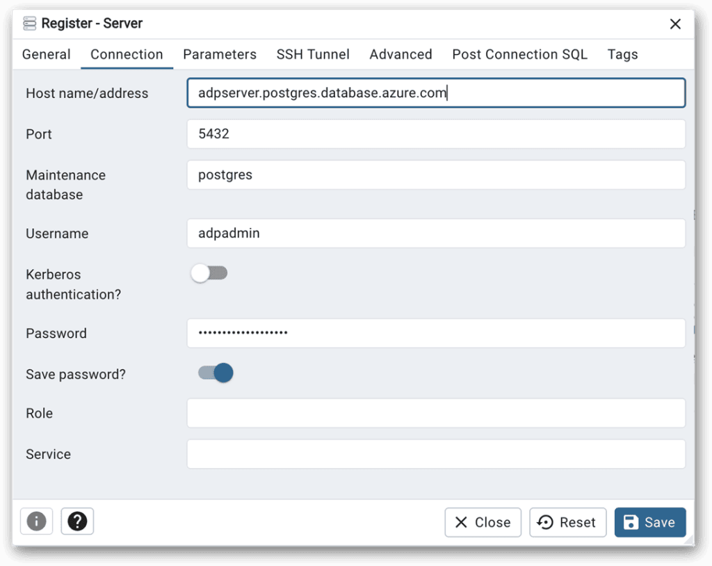 Connecting to an ADP instance in pgAdmin.