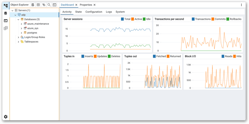 Object Explorer in pgAdmin, after connecting to an ADP instance.