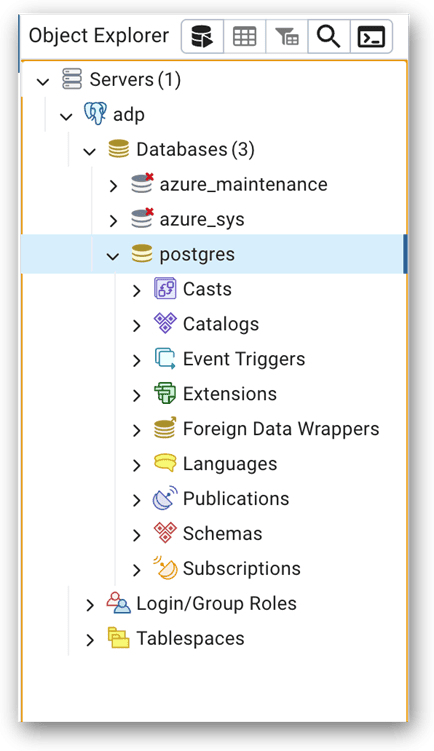 Various subnodes of the postgres node in Object Explorer in pgAdmin.