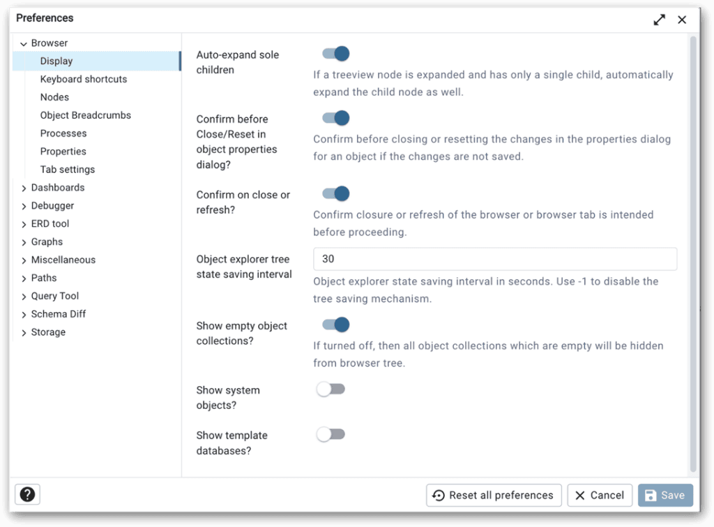 The Preferences dialog box in pgAdmin.