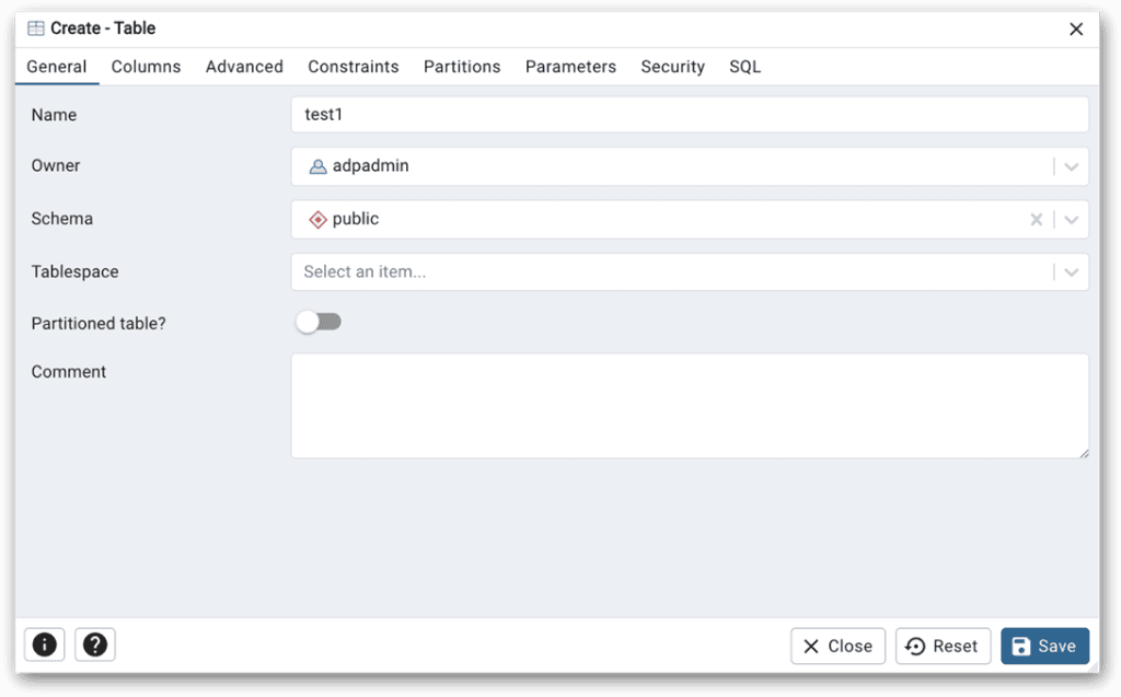 The General tab selected within the Create - Table dialog box in pgAdmin.